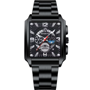 Binbond Horloge 6575 – Zwart-Zwart-Zilverkleurig – Heren – Quartz – Vierkante Kast – Roestvrijstalen Band – Vlindersluiting – Dag- en Datumaanduiding – Waterbestendig – Luxe Design