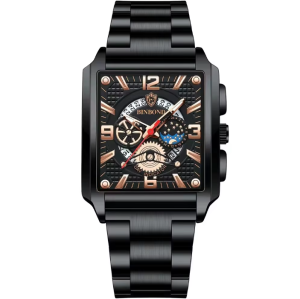 Binbond Horloge 6575 – Zwart-Zwart-Rosékleurig – Heren – Quartz – Vierkante Kast – Roestvrijstalen Band – Vlindersluiting – Dag- en Datumaanduiding – Waterbestendig – Luxe Design