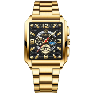 Binbond Horloge 6575 – Goudkleurig-Zwart – Heren – Quartz – Vierkante Kast – Roestvrijstalen Band – Vlindersluiting – Dag- en Datumaanduiding – Waterbestendig – Luxe Design
