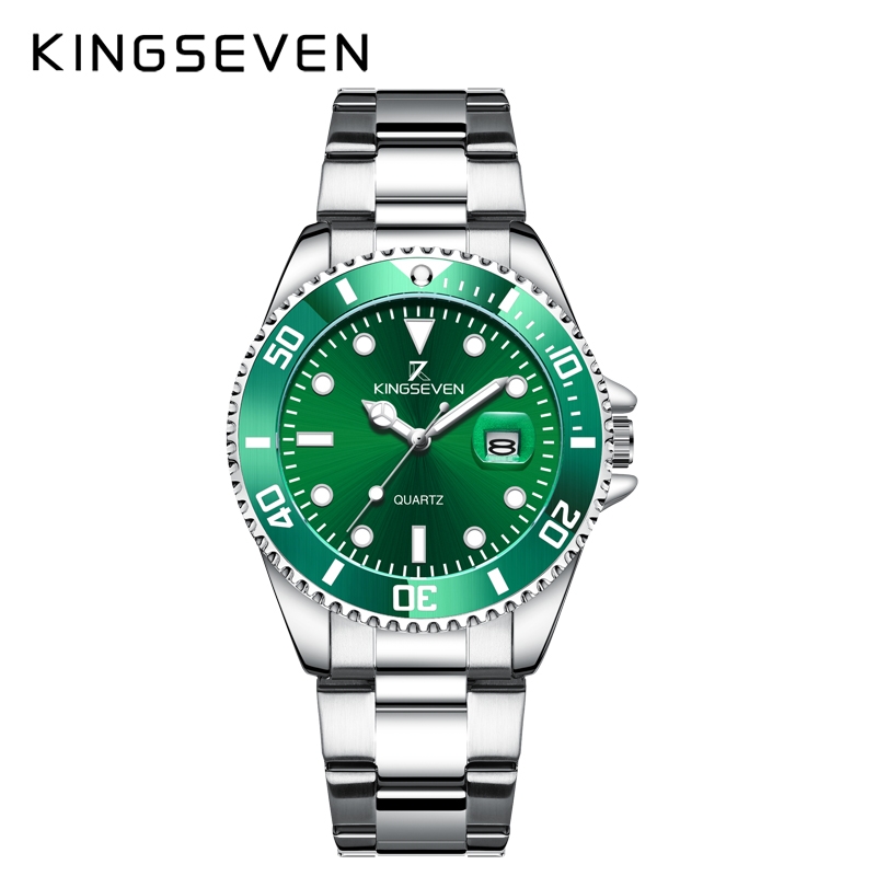 KINGSEVEN Herenhorloge 9619 – Zilverkleurig-Groen – Quartz – Roestvrij Staal – Vlindersluiting – Datumweergave – Luxe Duikershorloge – Waterbestendig – Stijlvol & Tijdloos Design
