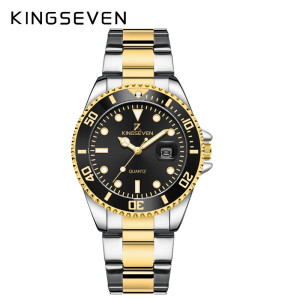 KINGSEVEN Herenhorloge 9619 – Goudkleurig-Zwart – Quartz – Roestvrij Staal – Vlindersluiting – Datumweergave – Luxe Design – Waterbestendig – Elegant & Premium Afwerking