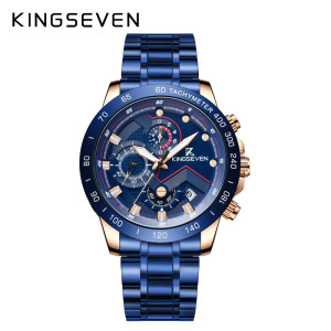 KINGSEVEN Herenhorloge 9618 – Blauw-Rosegoud – Quartz – Roestvrij Staal – Vouwsluiting – Datum Aanduiding – Luxe Design – Waterbestendig – Elegant