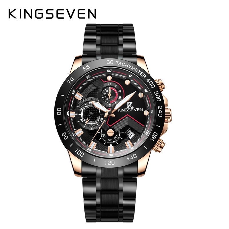 KINGSEVEN Herenhorloge – Zwart-Rosekleurig – Chronograaf – Quartz – Roestvrij Staal – Waterbestendig – Vlindersluiting – Luxe Design – Elegant