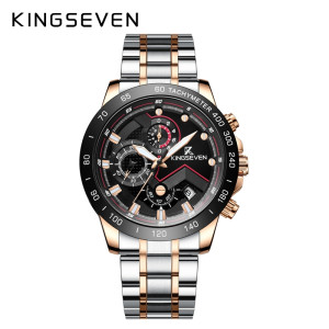 KINGSEVEN Herenhorloge – Zilverkleurig-Zwart – Chronograaf – Quartz – Roestvrij Staal – Waterbestendig – Vlindersluiting – Luxe & Sportief Design