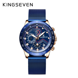 KINGSEVEN Herenhorloge – Blauw-Rosekleurig – Milanese Band – Quartz – Chronograaf – Waterbestendig – Luxe & Elegant Design