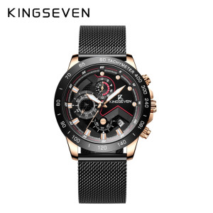 KINGSEVEN Herenhorloge – Zwart – Milanese Band – Quartz – Chronograaf – Waterbestendig – Luxe & Modern Design