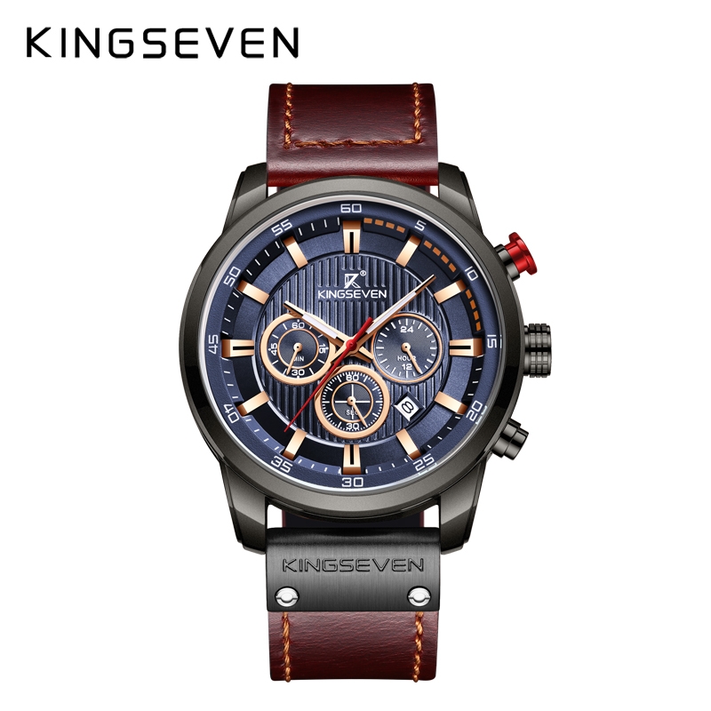 KINGSEVEN Herenhorloge 9507 – Blauw-Bruin – Quartz – Leren Band – Roestvrij Staal – Datum Aanduiding – Sportief & Luxe Design – 45mm