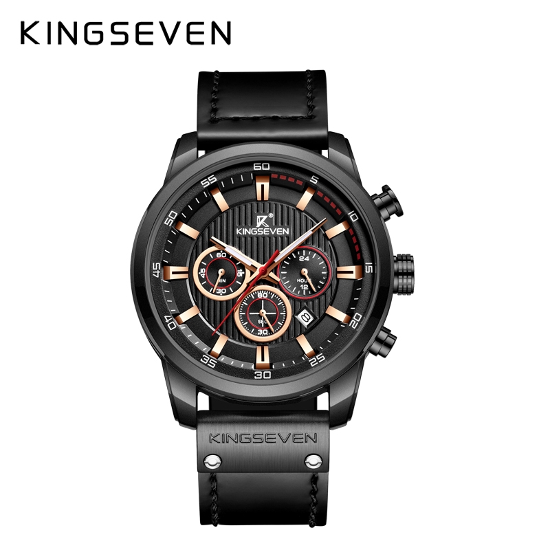 KINGSEVEN Herenhorloge 9507 – Zwart – Quartz – Leren Band – Roestvrij Staal – Datum Aanduiding – Sportief & Modern Design – 45mm