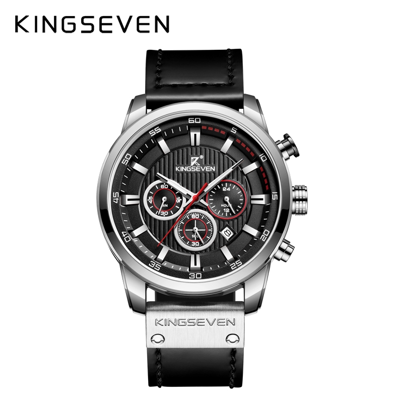 KINGSEVEN Herenhorloge 9507 – Zilverkleurig-Zwart – Quartz – Leren Band – Roestvrij Staal – Datum Aanduiding – Sportief & Klassiek Design – 45mm