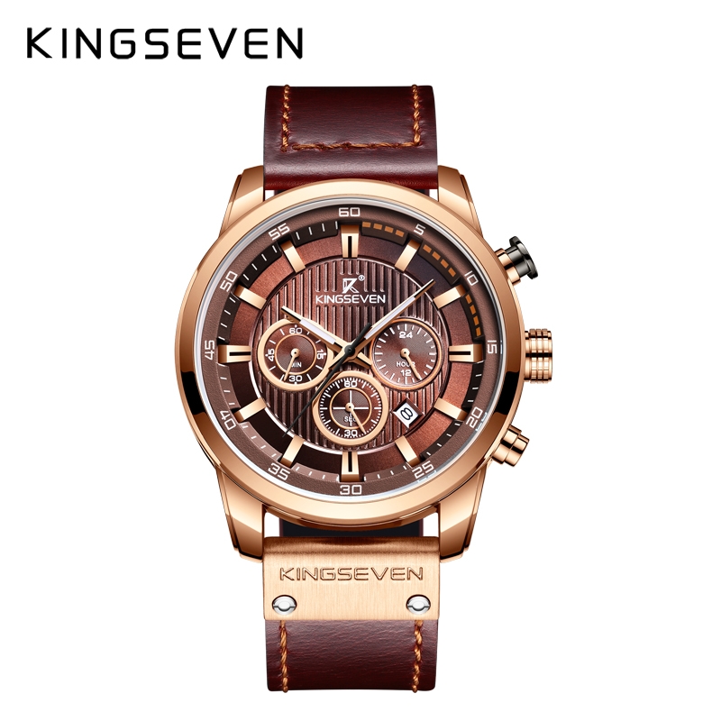 KINGSEVEN Herenhorloge 9507 – Goudkleurig-Bruin – Quartz – Leren Band – Roestvrij Staal – Datum Aanduiding – Luxe & Klassiek Design – 45mm