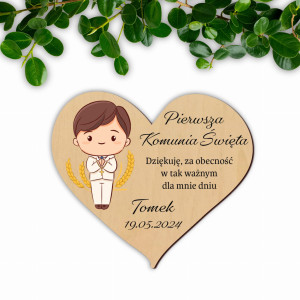Personalizowany drewniany magnes na komunie - serce | podziękowanie za przybycie na komunię