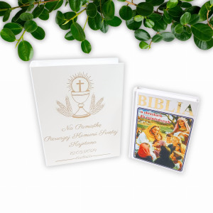 Biblia w etui z grawerem na I komunie | Personalizowana  Pamiątka komunijna dla dziewczynki, chłopca