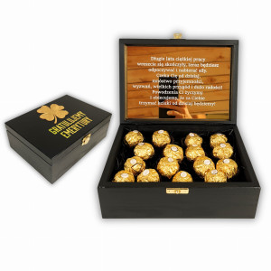 Czarno złota skrzynka z Ferrero Rocher - prezent na przejście na emeryturę