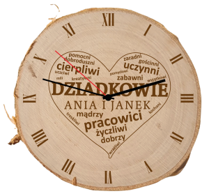 Zegar na plastrze brzozy z grawerem – prezent na Dzień Babci i Dziadka Serce