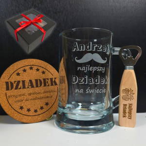 Personalizowany zestaw prezentowy dla Dziadka | kufel do piwa, otwieracz i podkładka