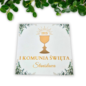 Białe pudełko na pieniądze na Komunię – personalizowane z nadrukiem UV