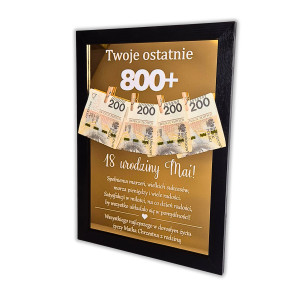 Ekskluzywna czarno złota ramka na pieniądze „Twoje ostatnie 800+”