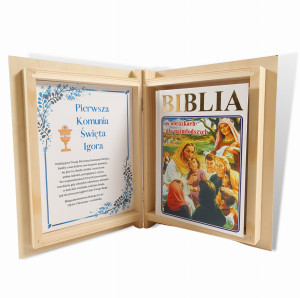 Drewniane pudełko z Biblią Pamiątka na Komunię Świętą