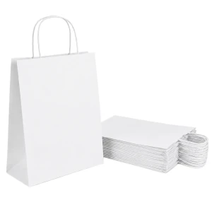 Wysyłka 24H - Torby papierowe białe 24×10×32 cm z uchem skręcanym – 50 sztuk