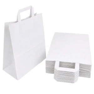 Torby papierowe białe 26×14×32 cm z uchem płaskim – 50 sztuk