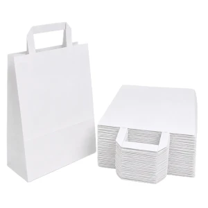 Torby papierowe klockowe białe 18×8,5×23 cm z uchem płaskim – 25 sztuk