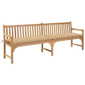 Ławka ogrodowa z beżową poduszką, 240 cm, lite drewno tekowe