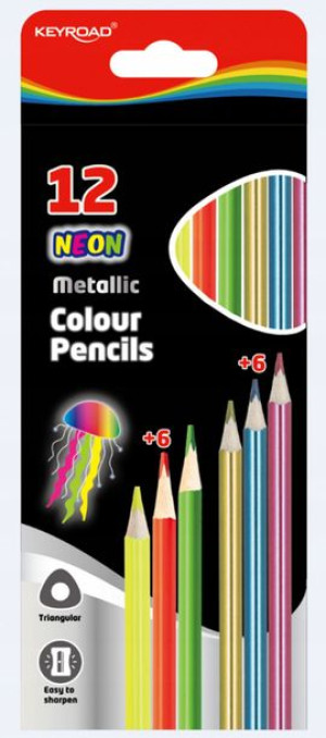 Kredki ołówk trójkątne metaliczne i neon 12szt