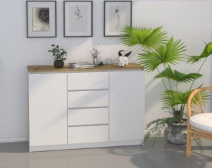 Komoda z drzwiczkami, półkami i szufladami biel/artisan