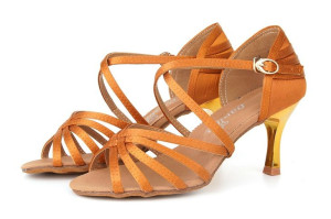 Buty Do Tańca Taneczne Brązowe - Złoty Obcas 7,5cm 40