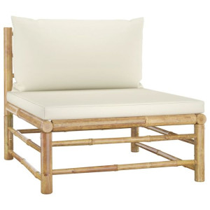 Ogrodowa sofa środkowa, śmietankowe poduszki, bambus