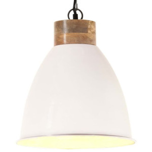 Industrialna lampa wisząca, białe żelazo i drewno, 35 cm, E27