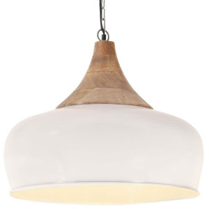 Industrialna lampa wisząca, białe żelazo i drewno, 45 cm, E27