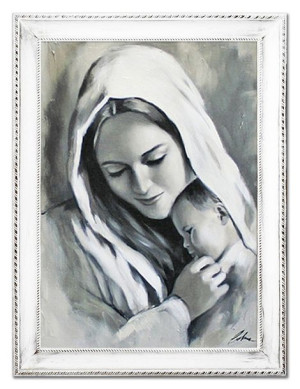 Obraz Matki Boskiej z Dzieciątkiem 64x84 cm obraz olejny na płótnie czarno-