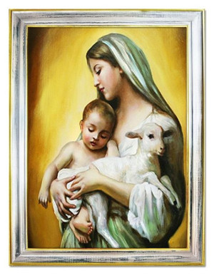 Obraz Matki Boskiej z Dzieciątkiem i jagnięciem 64x84 cm obraz olejny na pł