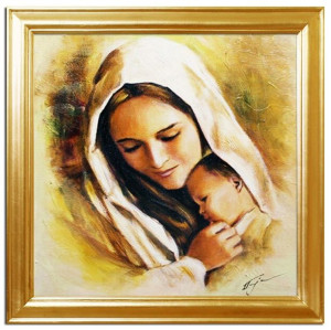 Obraz Matki Boskiej z Dzieciątkiem 74x74 cm obraz olejny na płótnie w złote
