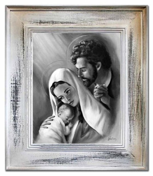 Obraz Świętej Rodziny na ślub 66x76 cm obraz olejny na płótnie czarno-biały