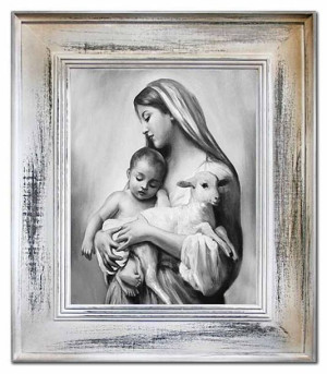 Obraz Matki Boskiej z Dzieciątkiem 66x76 cm obraz olejny na płótnie czarno-