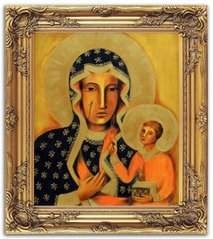 Obraz Matki Boskiej z Dzieciątkiem 54x64 cm obraz olejny na płótnie w złote