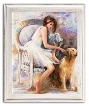 Obraz olejny ręcznie malowany na płótnie 54x64cm wypoczynek z psem