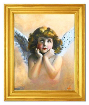 Obraz z Aniołkiem 54x64 cm obraz malowany na płótnie w złotej ramie