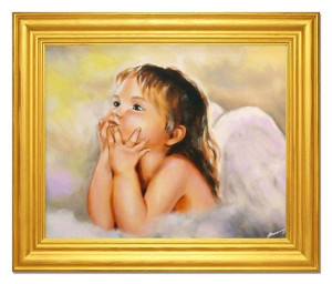 Obraz z Aniołkiem 54x64 cm obraz malowany na płótnie w złotej ramie