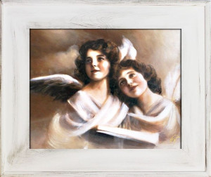 Obraz z Aniołkami w niebie 61x71 cm obraz malowany na płótnie w białej rami