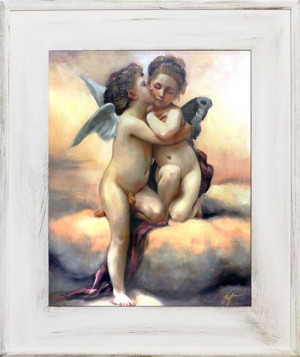 Obraz z Aniołkami pocałunek 61x71 cm obraz malowany na płótnie w białej ram