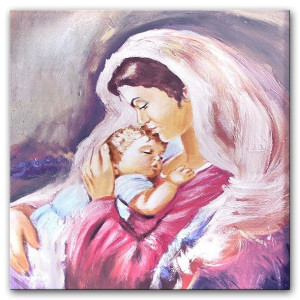 Obraz Matki Boskiej z Dzieciątkiem 60x60 cm obraz olejny na płótnie różowy