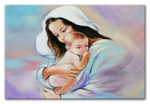 Obraz Matki Boskiej z Dzieciątkiem 50x70 cm obraz olejny na płótnie niebies