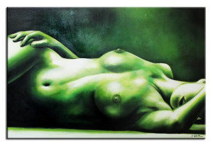 Obraz olejny ręcznie malowany na płótnie 90x60cm naga kobieta zielony akt