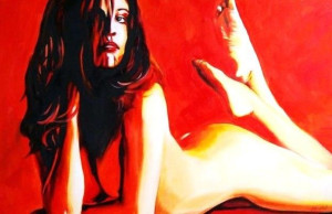Obraz olejny ręcznie malowany na płótnie 90x60cm naga kobieta w czerwieni