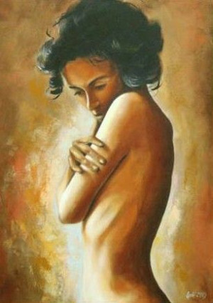 Obraz olejny ręcznie malowany na płótnie 60x90cm smutna naga kobieta Akt