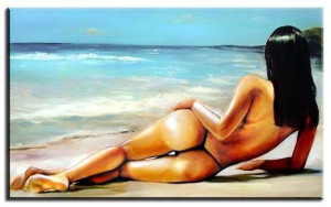 Obraz ręcznie malowany na płótnie 60x90cm naga kobieta na plaży