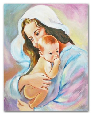 Obraz Matki Boskiej z Dzieciątkiem 40x50 cm obraz olejny na płótnie różowy